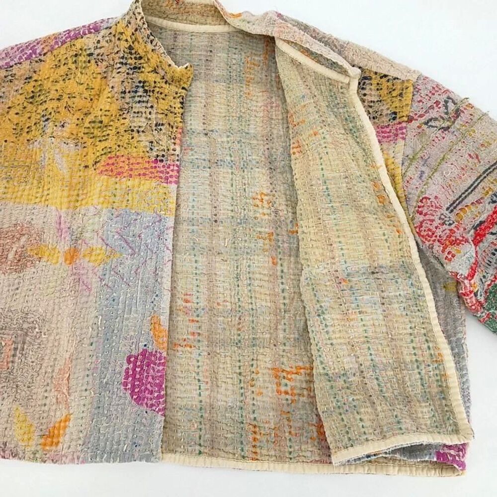 Reversible Kantha Quilted Patchwork Cropped Jacket Handmade Boho Wearable Art - Picture 9 of 14